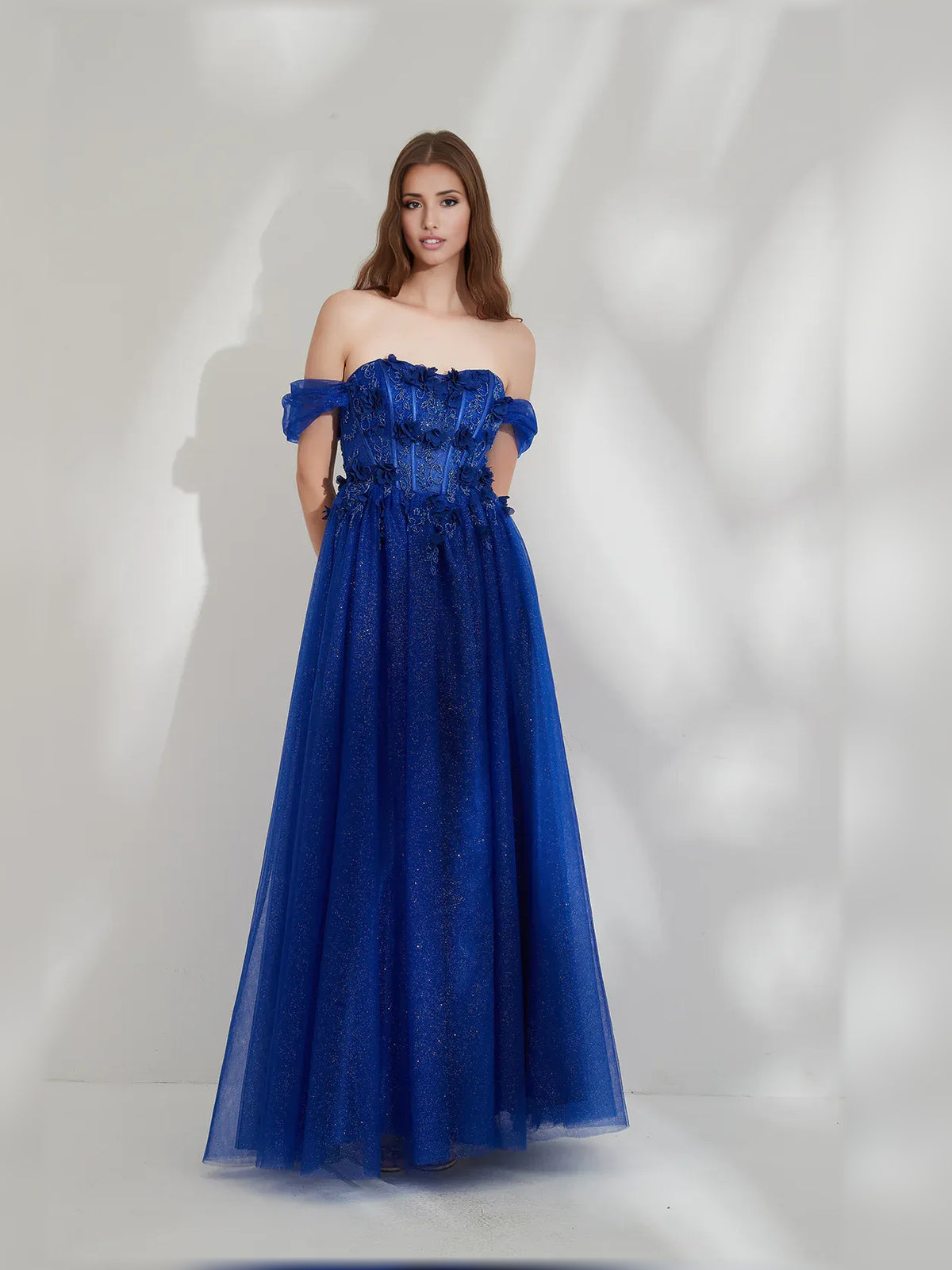 Dark Blue a-line floor-length formal dress with off-the-shoulder neckline, full-length front view