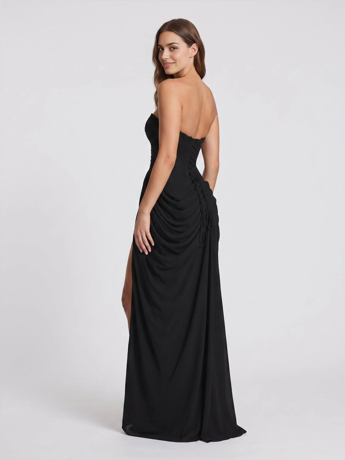 Black floor-length bridesmaid dress, front view showing the a-line silhouette