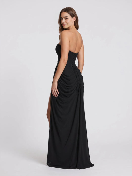 Black floor-length bridesmaid dress, front view showing the a-line silhouette