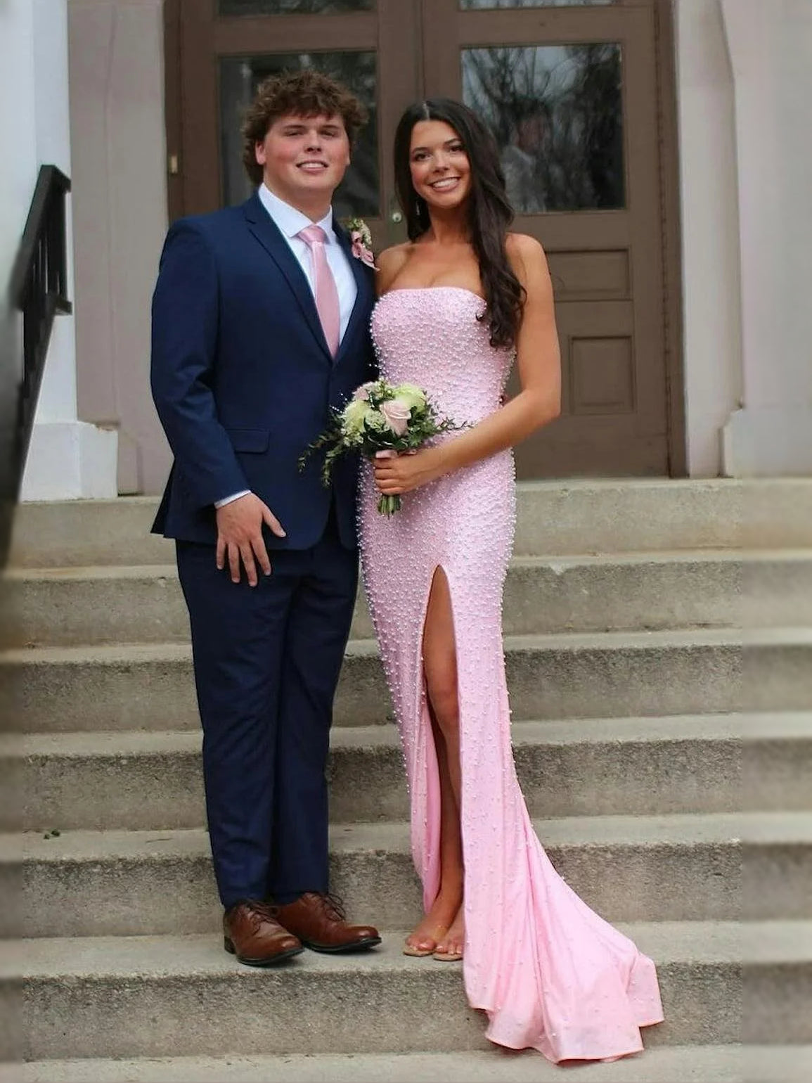 Pink floor-length prom dress, front view showing the mermaid silhouette