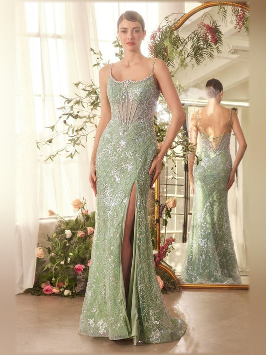Sage Green mermaid floor-length formal dress with cutout detail, full-length front view