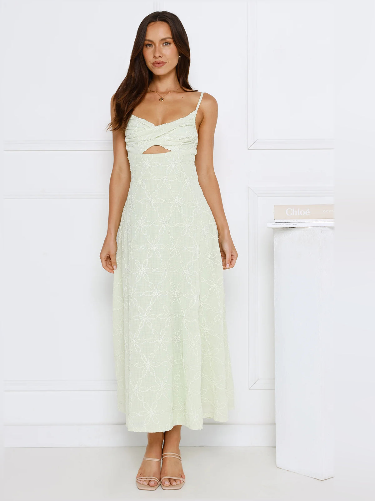 Mint midi formal dress, full-length front view