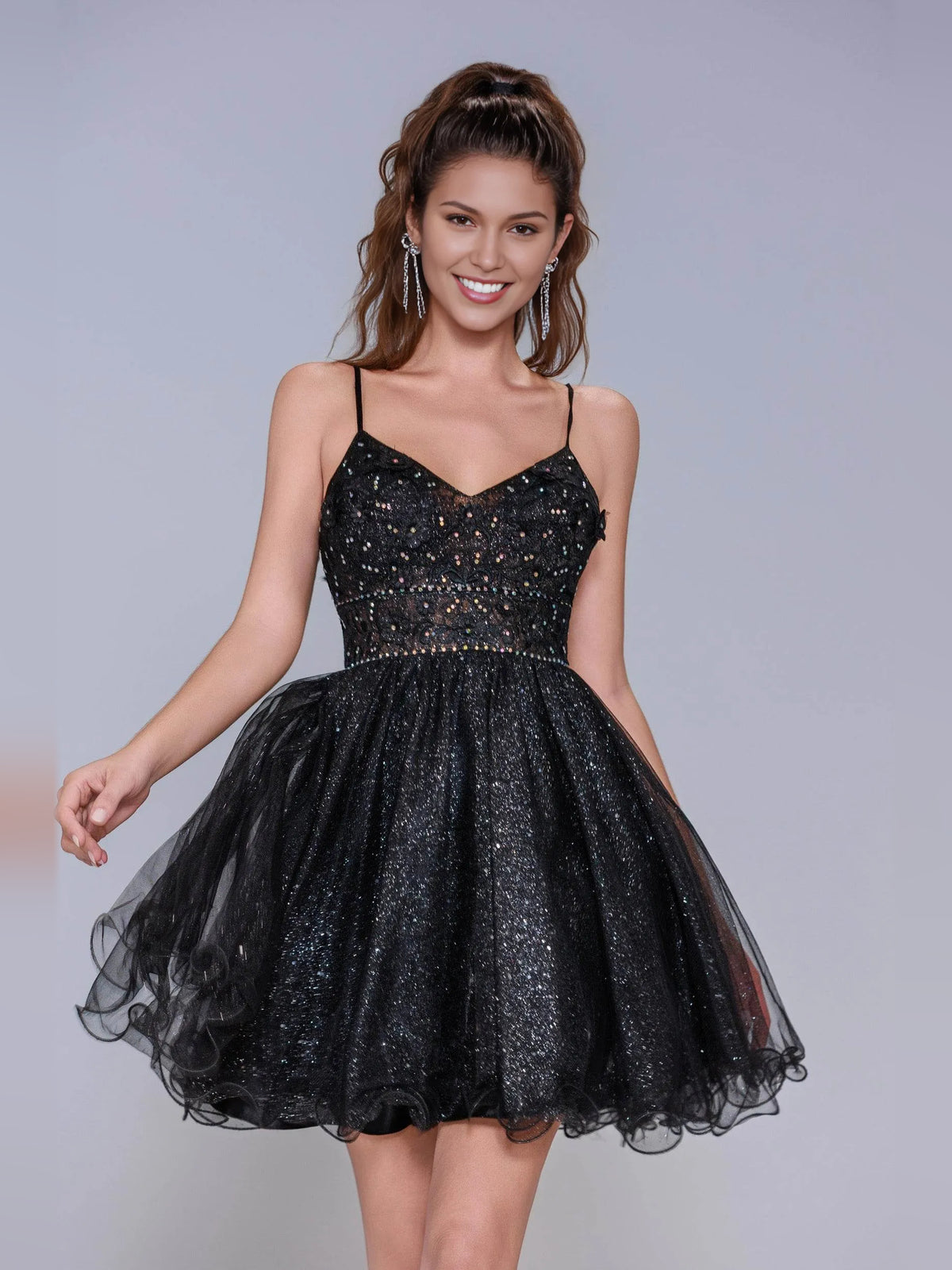 Black mini homecoming dress, alternate view showing the full-length silhouette