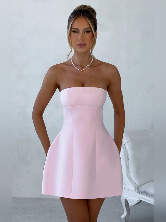 Blush mini homecoming dress, front view showing the silhouette