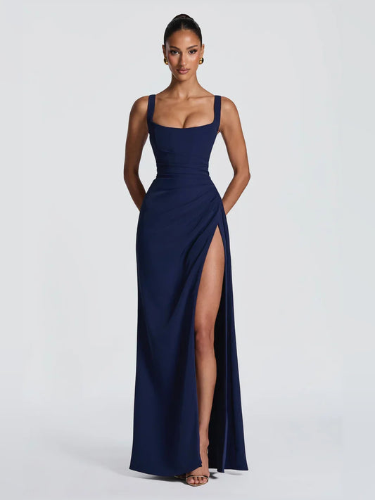 Dark Navy mermaid floor-length formal dress with square neckline, full-length front view