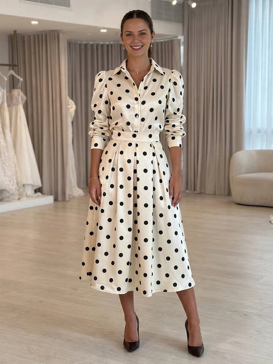White & Black midi mother of the bride dress, front view showing the a-line silhouette