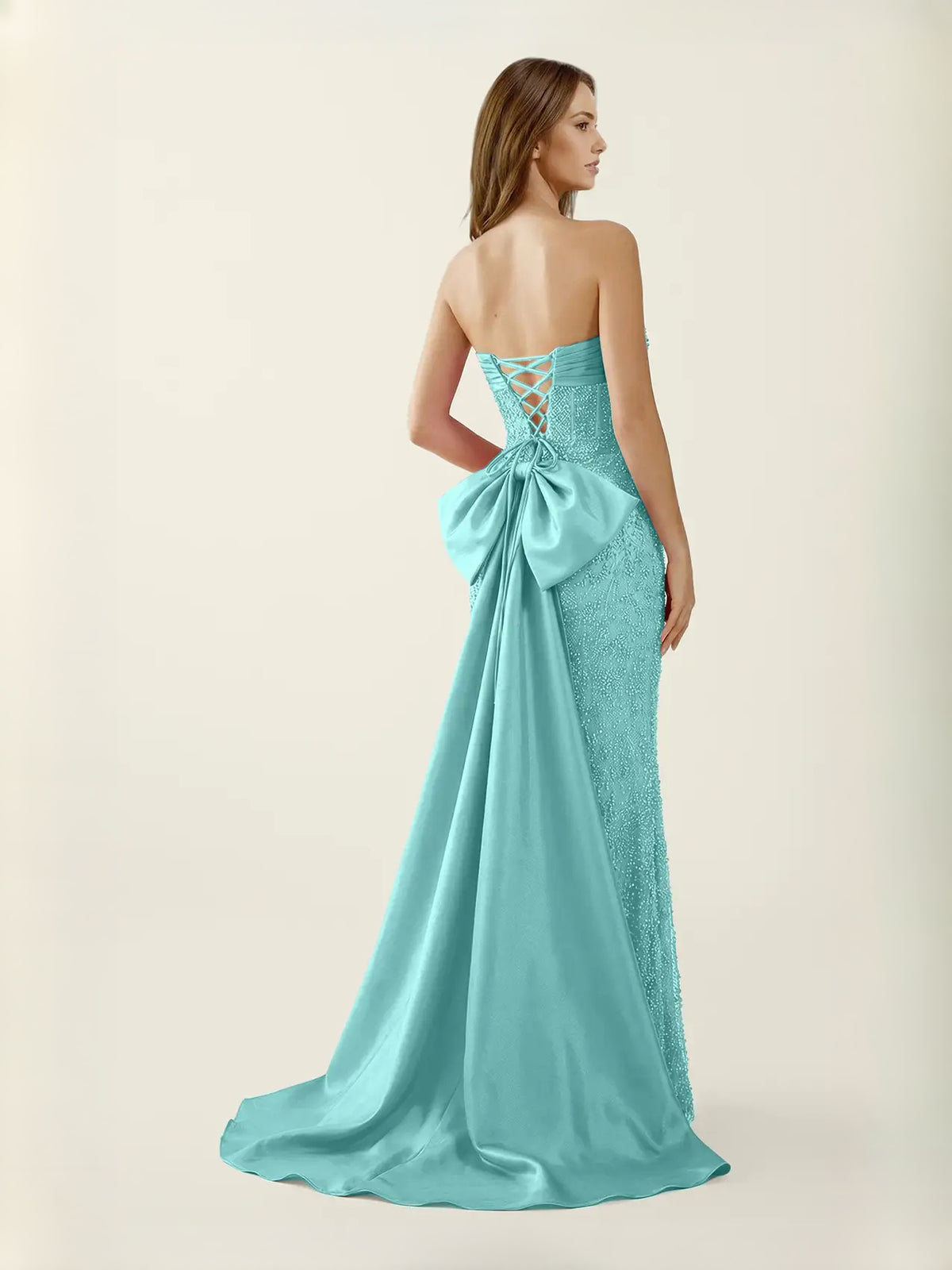 Aqua maxi prom dress, front view showing the mermaid silhouette