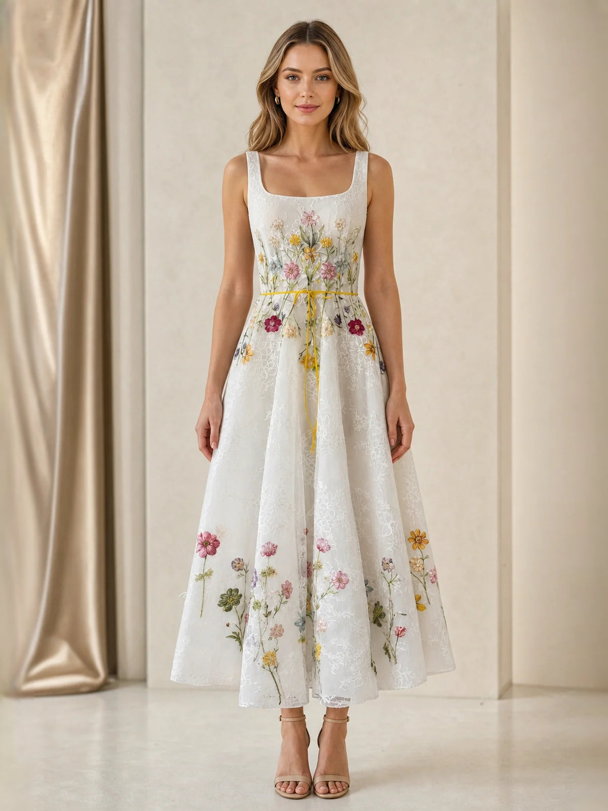 Ivory midi bridesmaid dress, front view showing the a-line silhouette