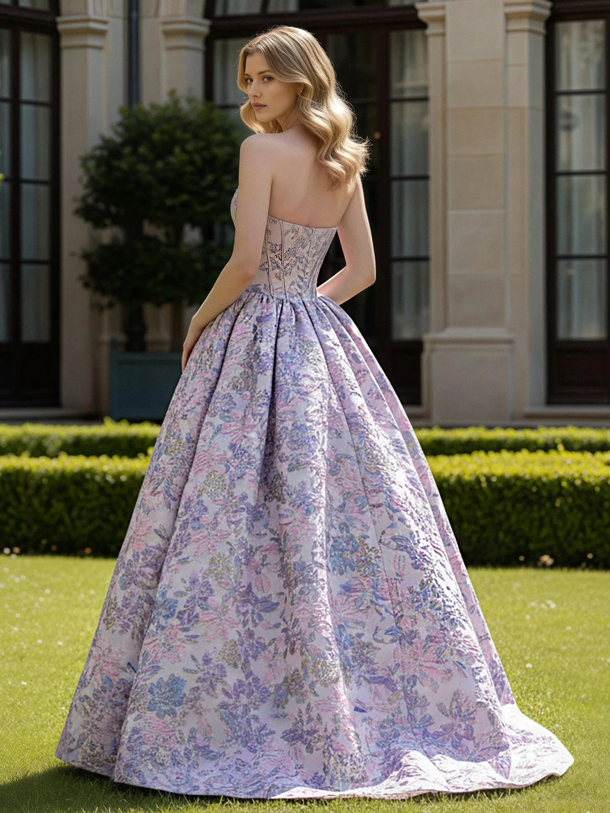 Lilac Floral floor-length prom dress, front view showing the a-line silhouette