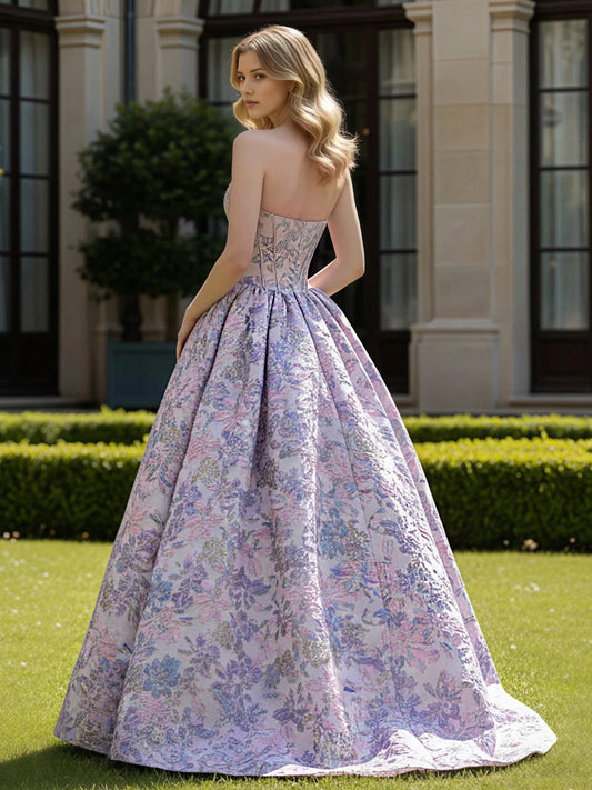Lilac Floral floor-length prom dress, front view showing the a-line silhouette