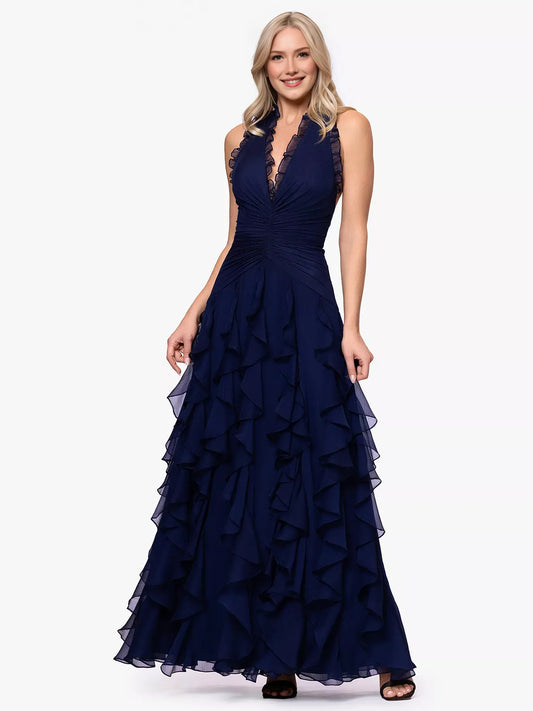 Navy Blue a-line floor-length formal dress with halter neckline, full-length front view