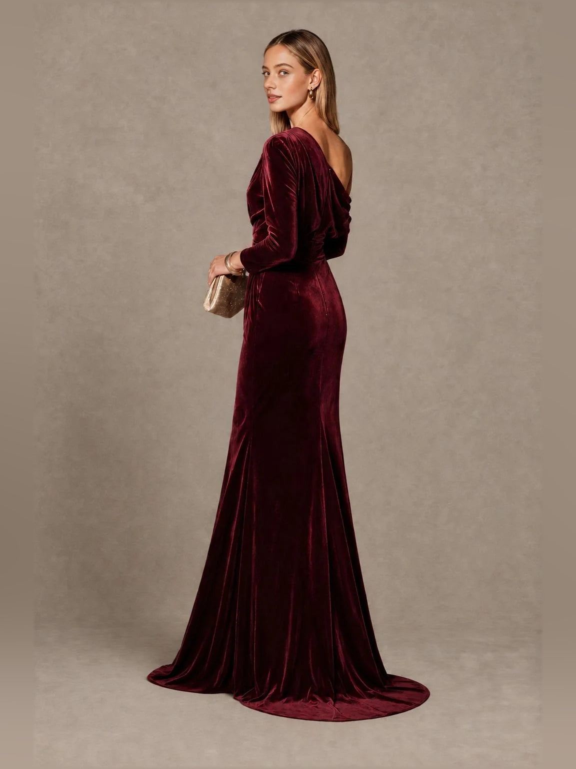Navy floor-length bridesmaid dress, front view showing the mermaid silhouette