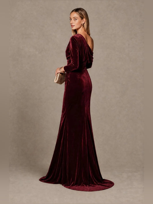 Navy floor-length bridesmaid dress, front view showing the mermaid silhouette