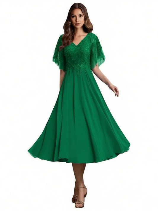 Emerald Green a-line tea-length formal dress with V-neckline, full-length front view
