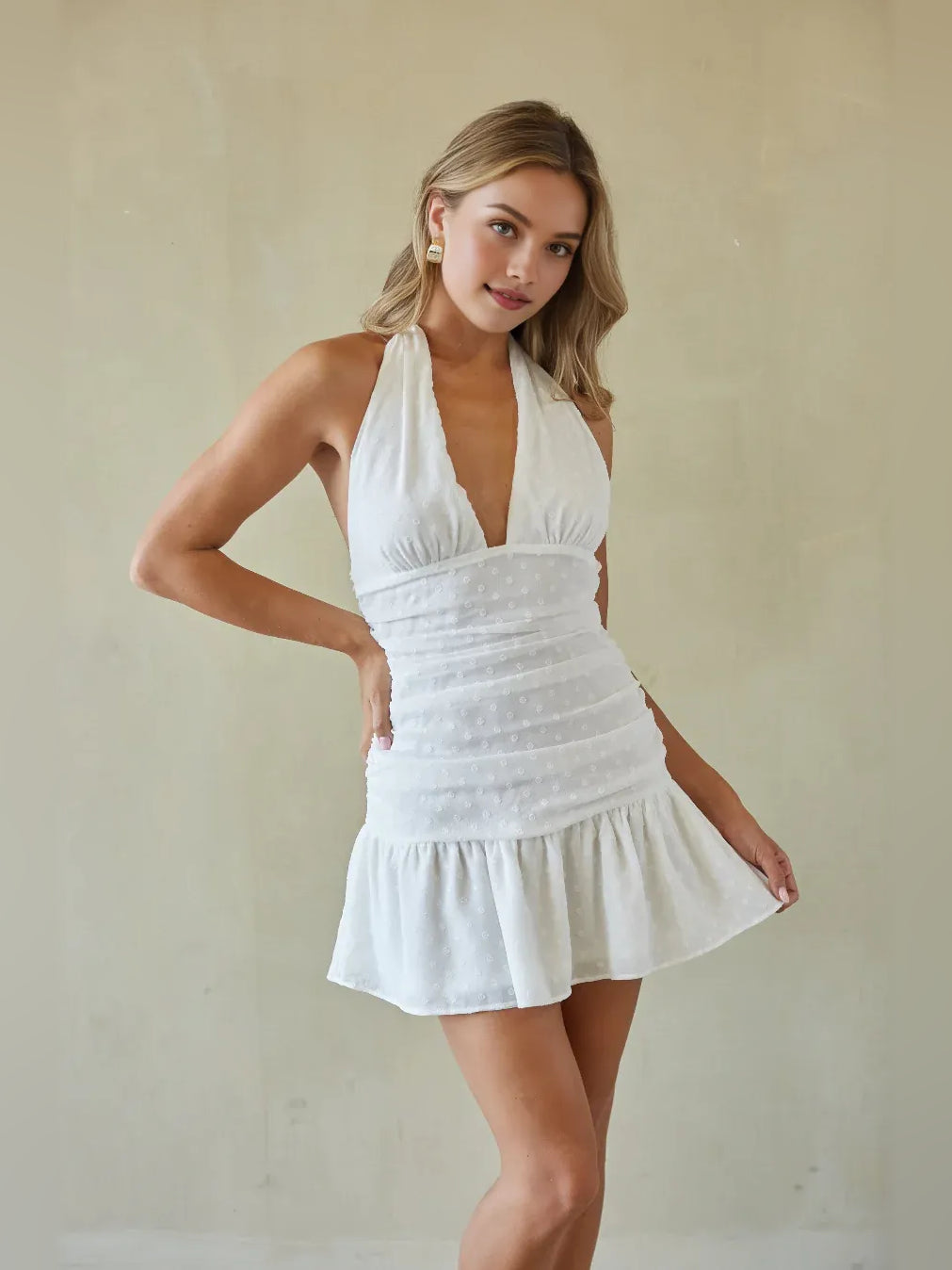 White mini homecoming dress, alternate view showing the full-length silhouette