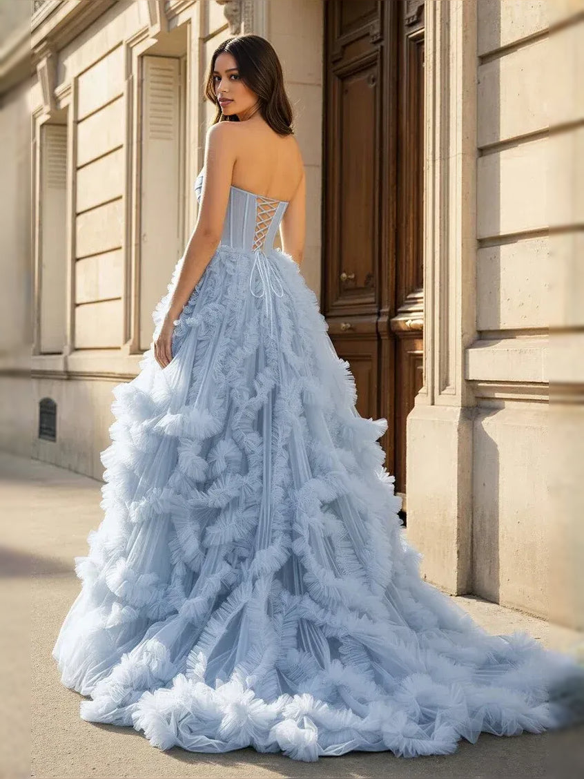 Dusty Blue floor-length prom dress, front view showing the a-line silhouette