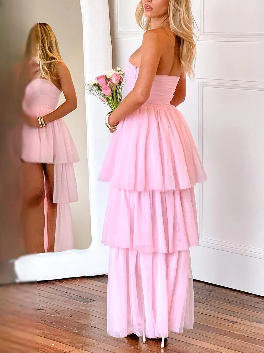 Pink high-low prom dress, front view showing the a-line silhouette