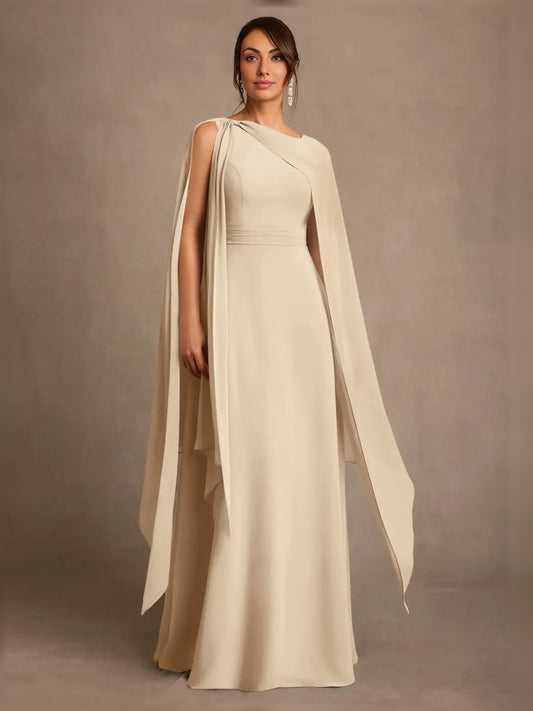 Champagne maxi mother of the bride dress, front view showing the sheath silhouette