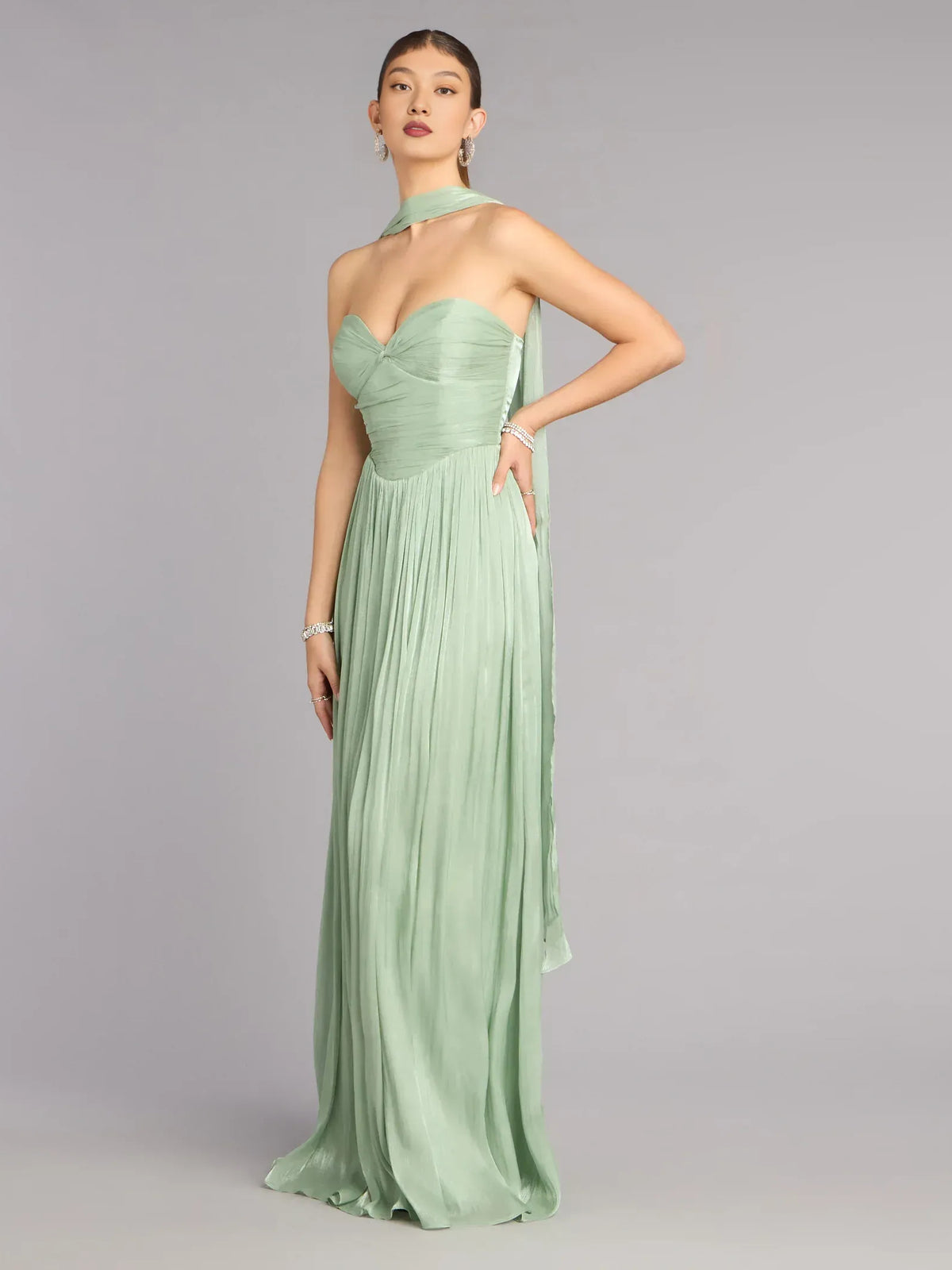 Sage Green floor-length prom dress, front view showing the a-line silhouette