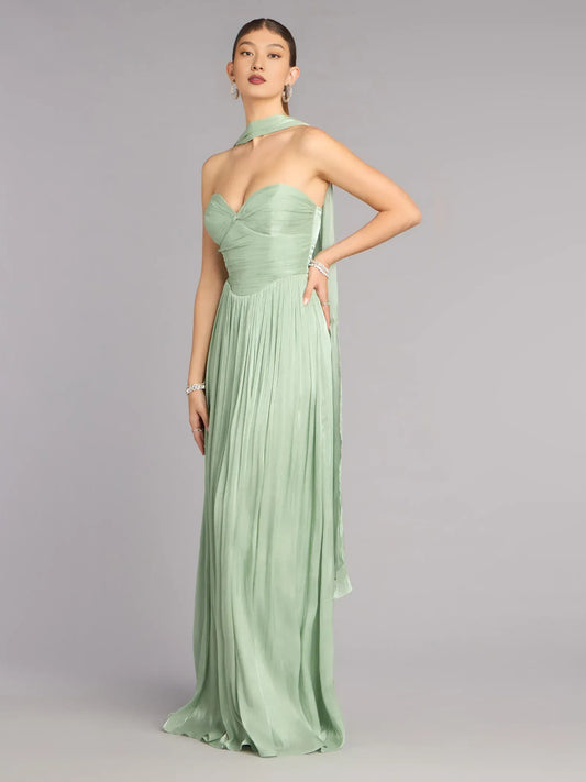 Sage Green floor-length prom dress, front view showing the a-line silhouette