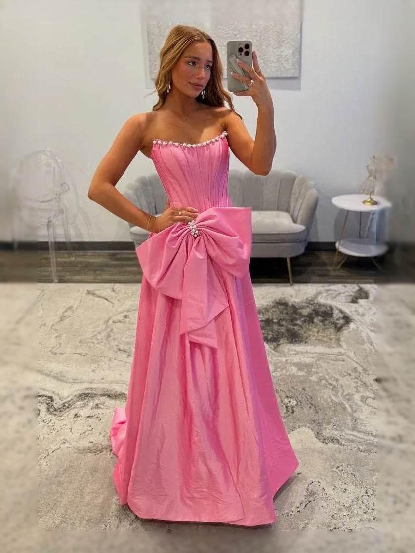 Hot Pink maxi prom dress, front view showing the a-line silhouette
