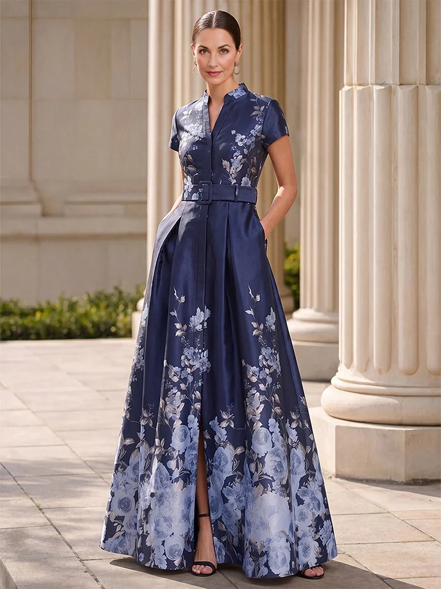 Dark Blue maxi mother of the bride dress, front view showing the a-line silhouette