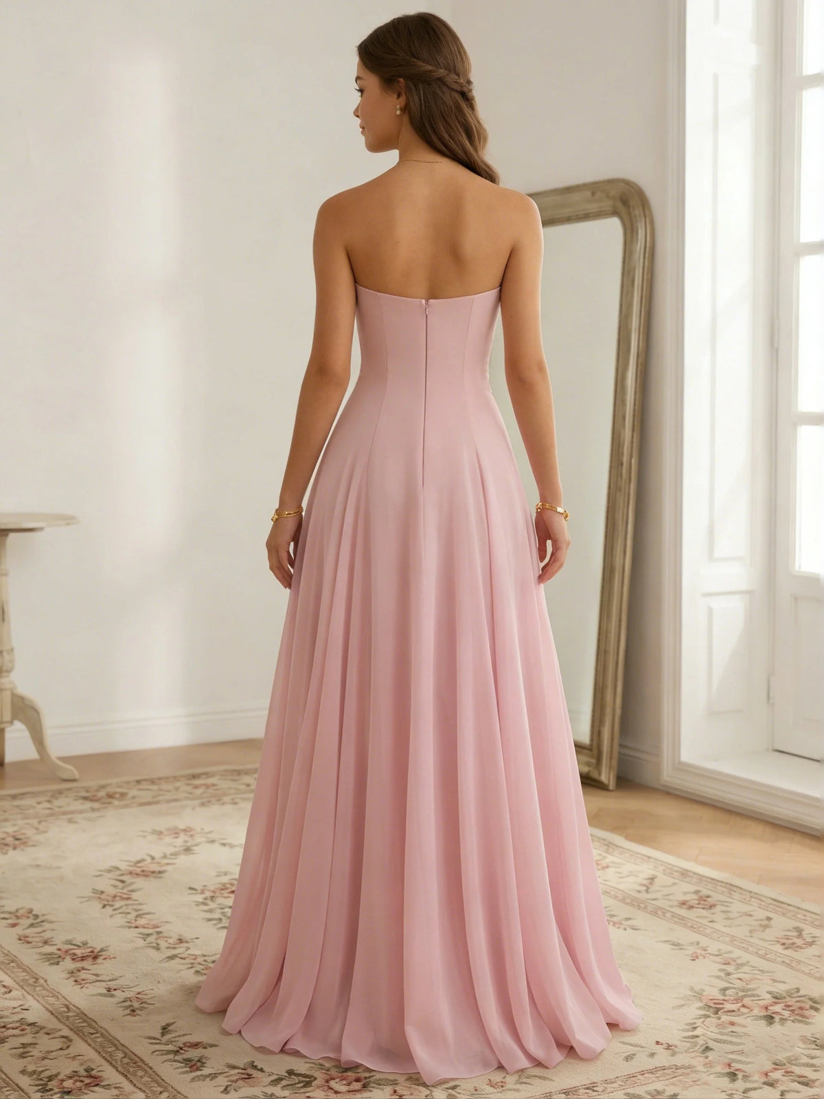 Pink maxi prom dress, front view showing the a-line silhouette