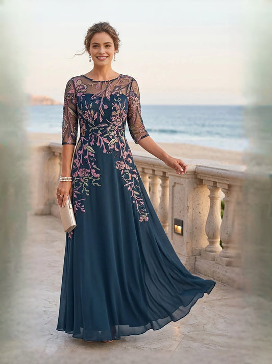 Navy Blue floor-length mother of the bride dress, front view showing the a-line silhouette