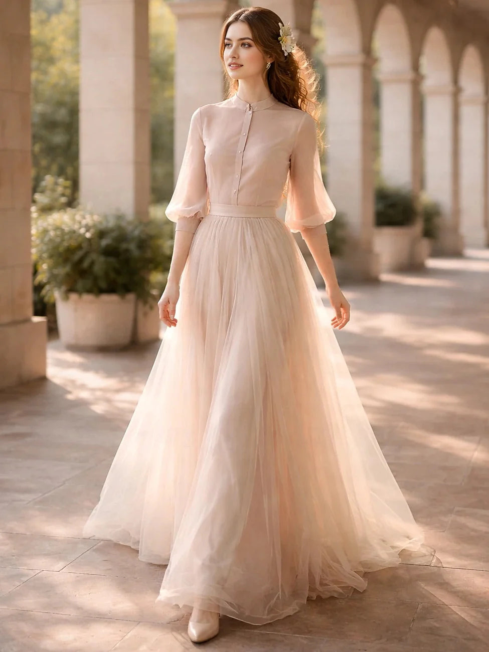 Champagne maxi prom dress, front view showing the a-line silhouette
