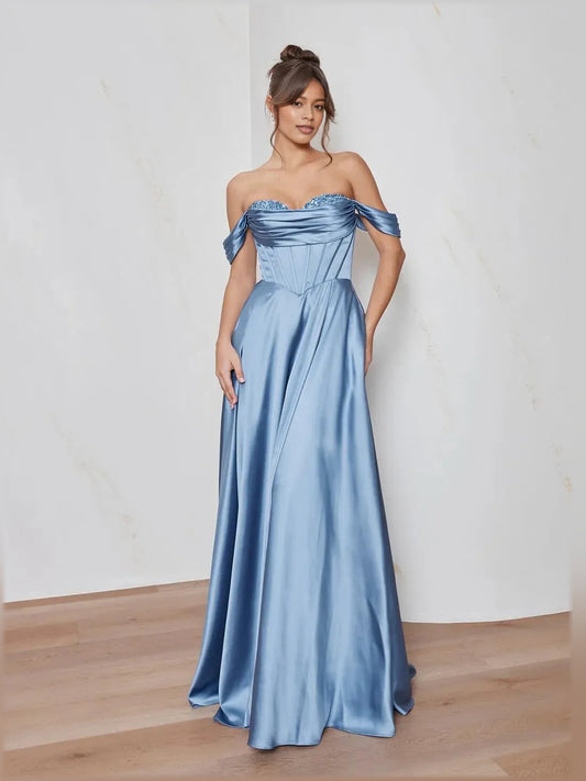 Steel Blue a-line floor-length formal dress with off-the-shoulder neckline, full-length front view