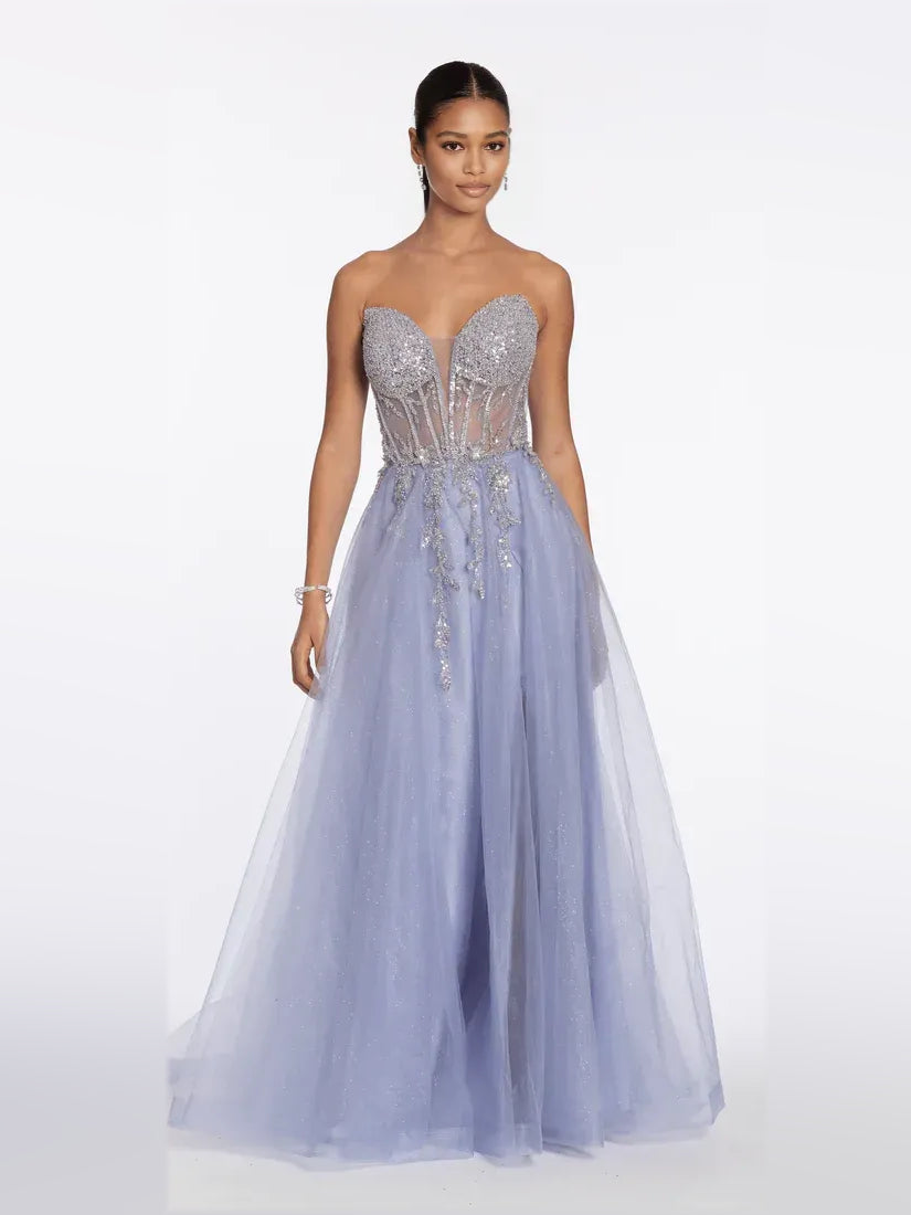 Lilac floor-length prom dress, front view showing the a-line silhouette