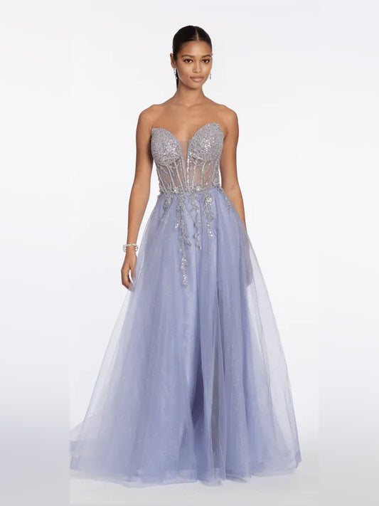 Lilac floor-length prom dress, front view showing the a-line silhouette
