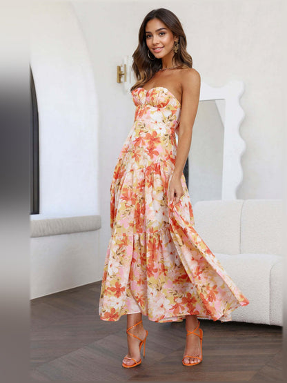 Floral midi formal dress with floral print, full-length front view