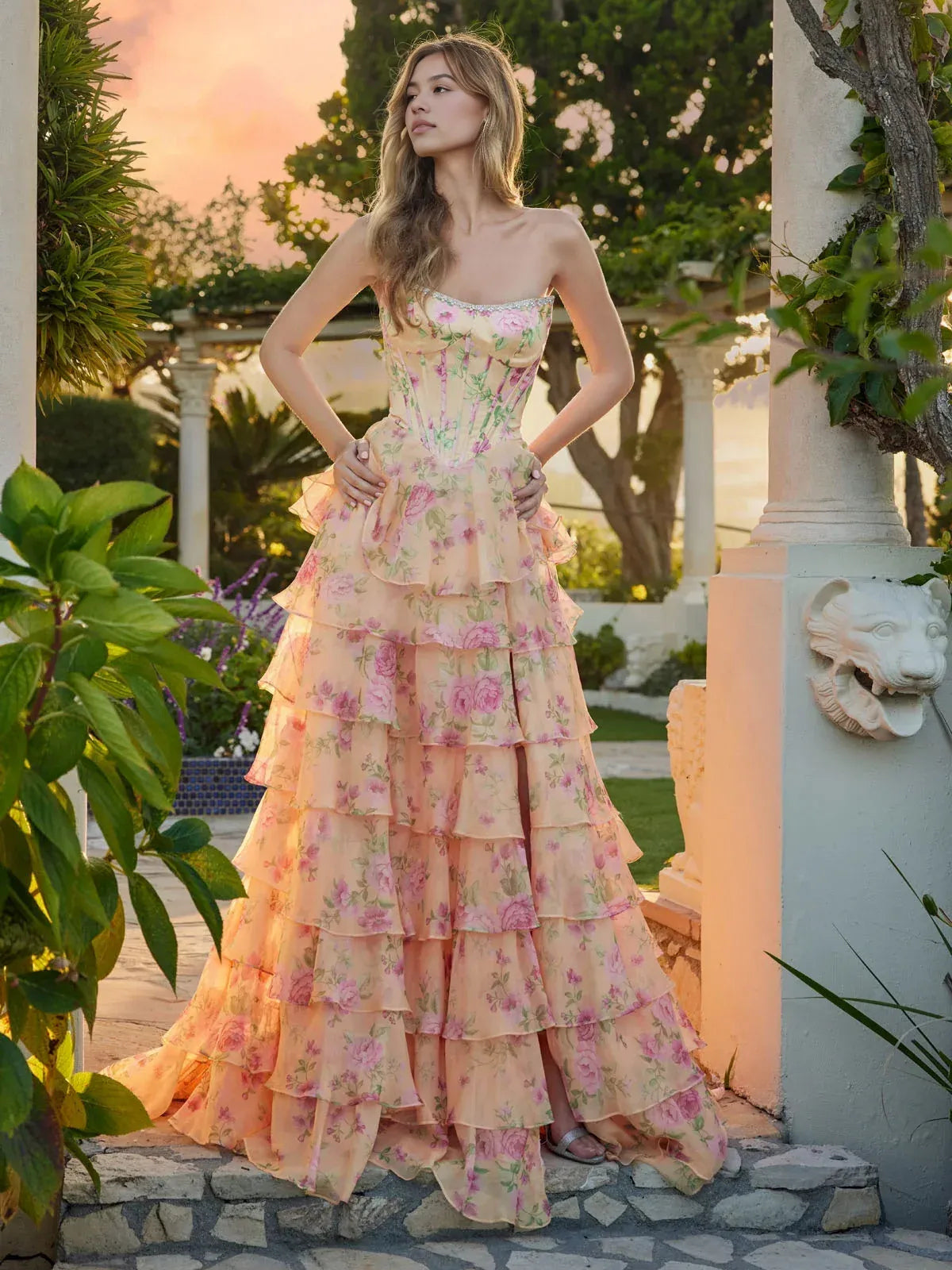 As Picture floor-length prom dress, front view showing the a-line silhouette