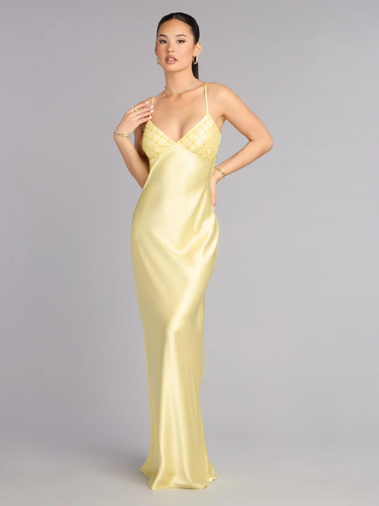 Yellow sheath floor-length formal dress with sweetheart neckline, full-length front view