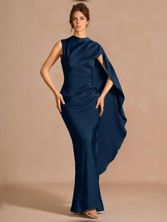 Navy Blue mermaid floor-length formal dress with one-shoulder neckline, full-length front view