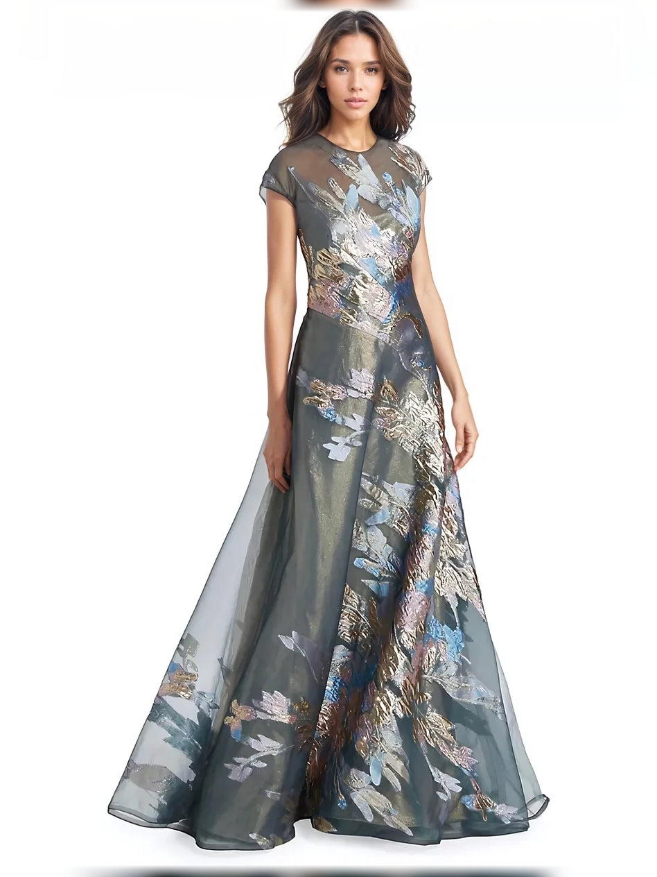Floral Print short mother of the bride dress, front view showing the a-line silhouette