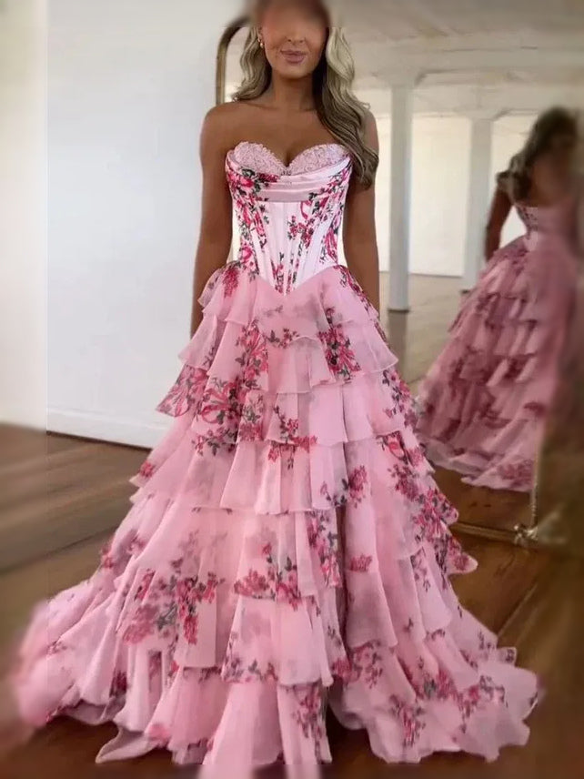 Hot Pink floor-length prom dress, front view showing the ball-gown silhouette