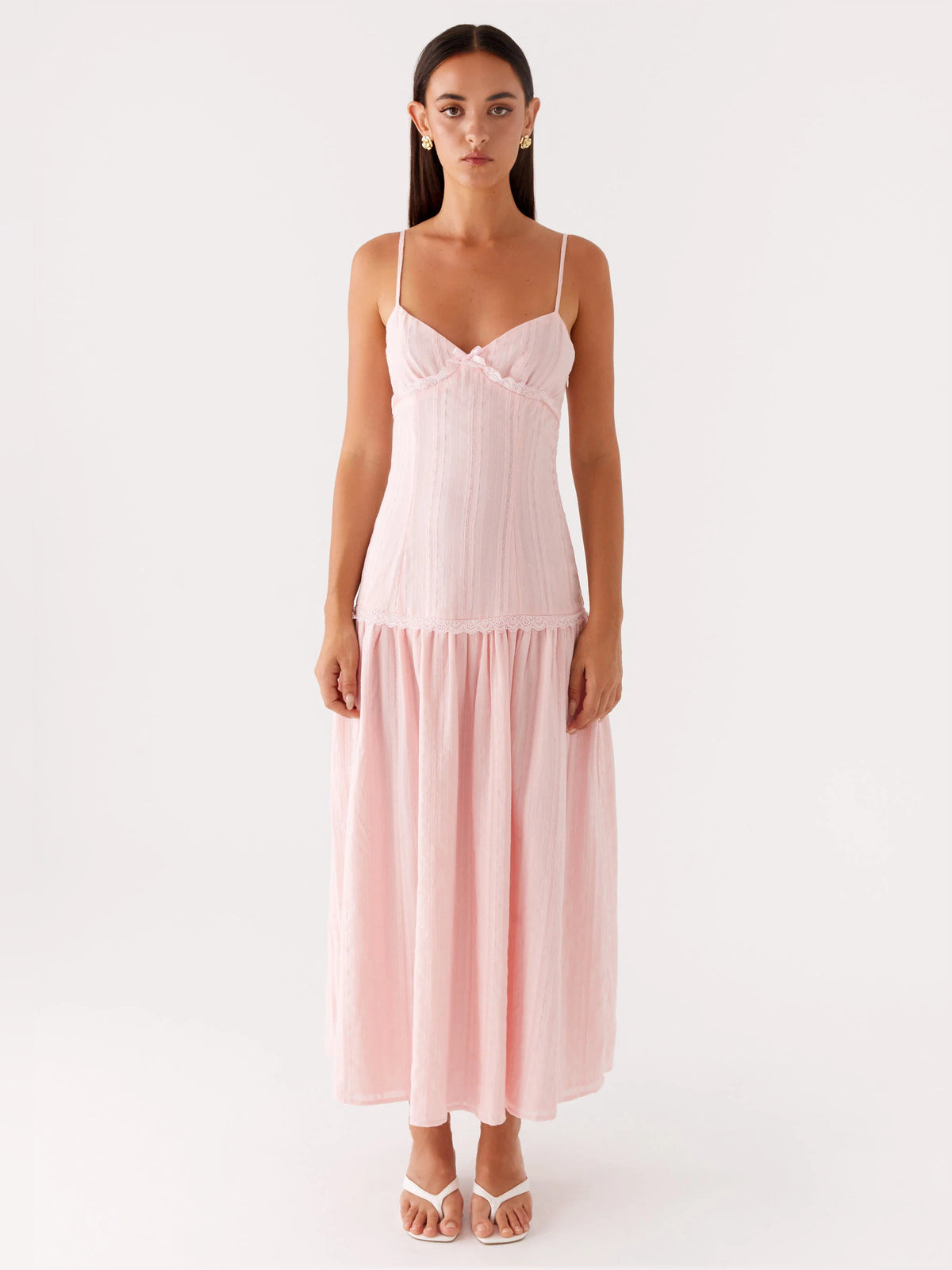 Pink midi formal dress, full-length front view
