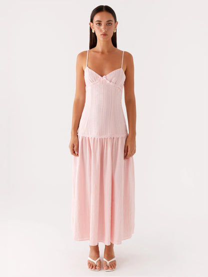 Pink midi formal dress, full-length front view