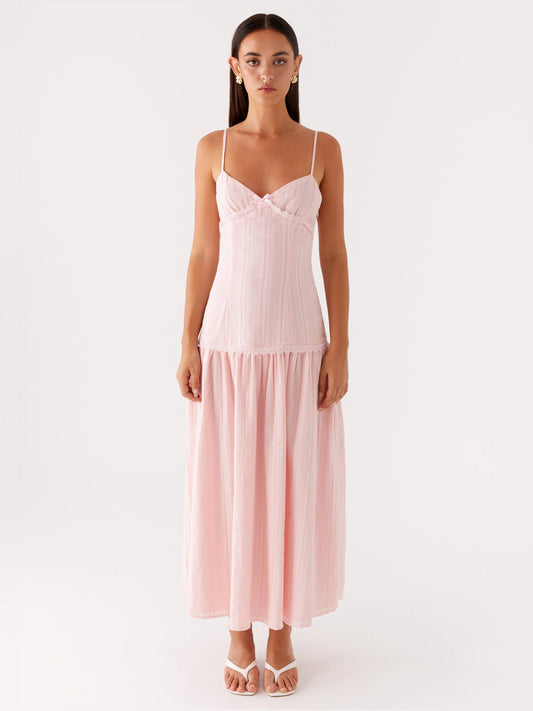 Pink midi formal dress, full-length front view