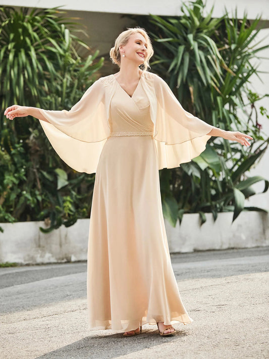 Champagne floor-length mother of the bride dress, front view showing the a-line silhouette