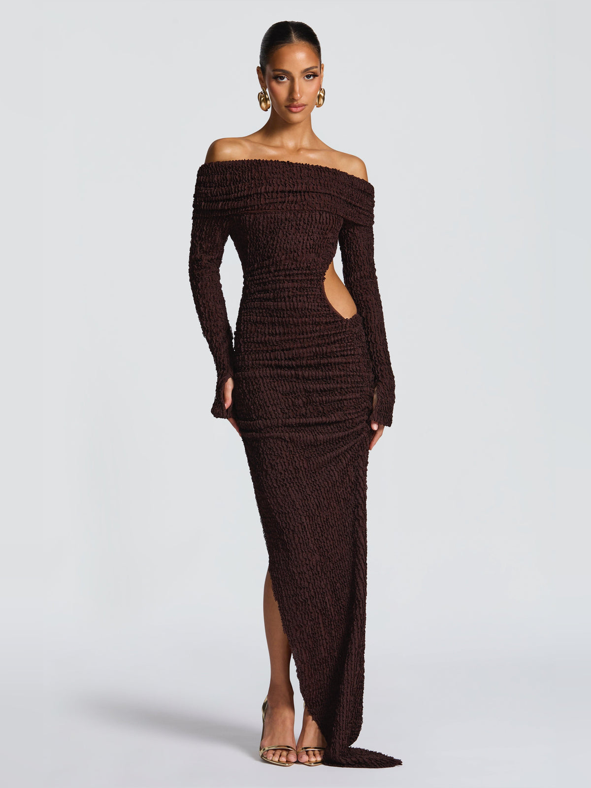 Brown midi formal dress, full-length front view
