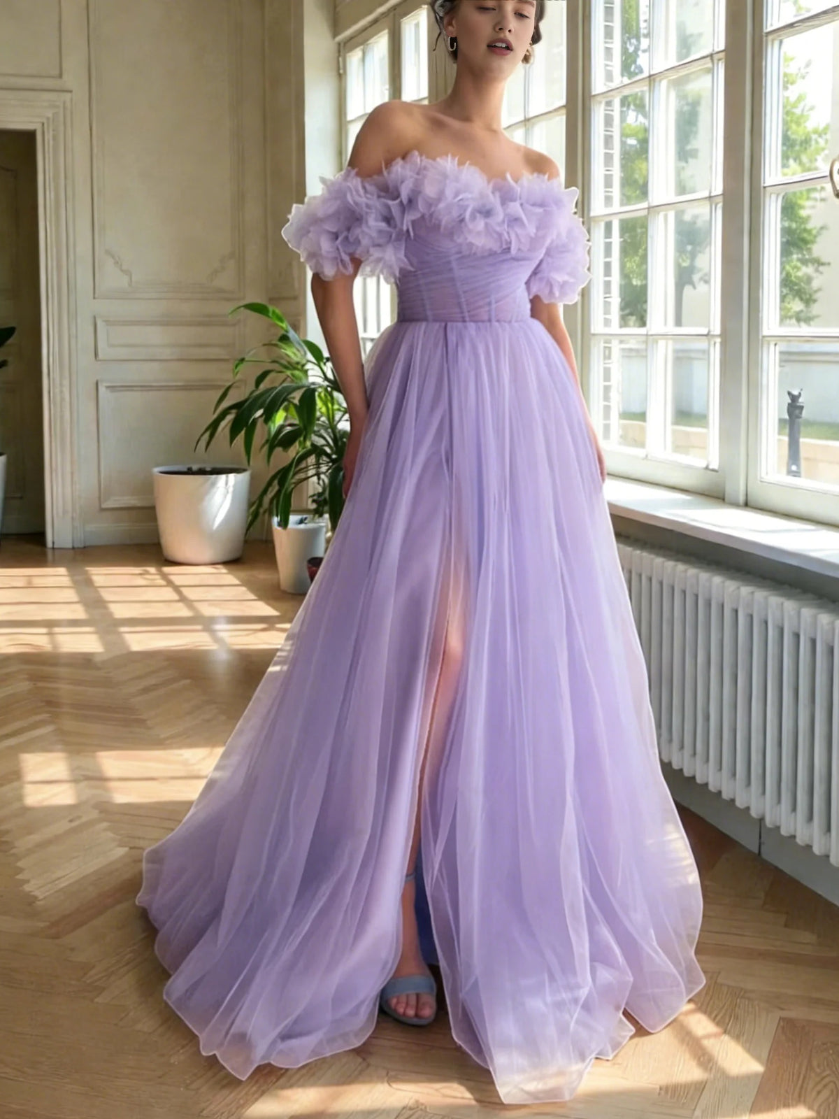Lilac floor-length prom dress, front view showing the ball-gown silhouette