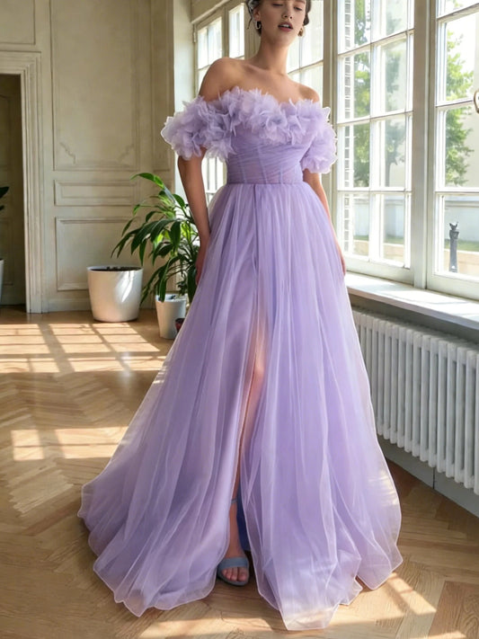 Lilac floor-length prom dress, front view showing the ball-gown silhouette