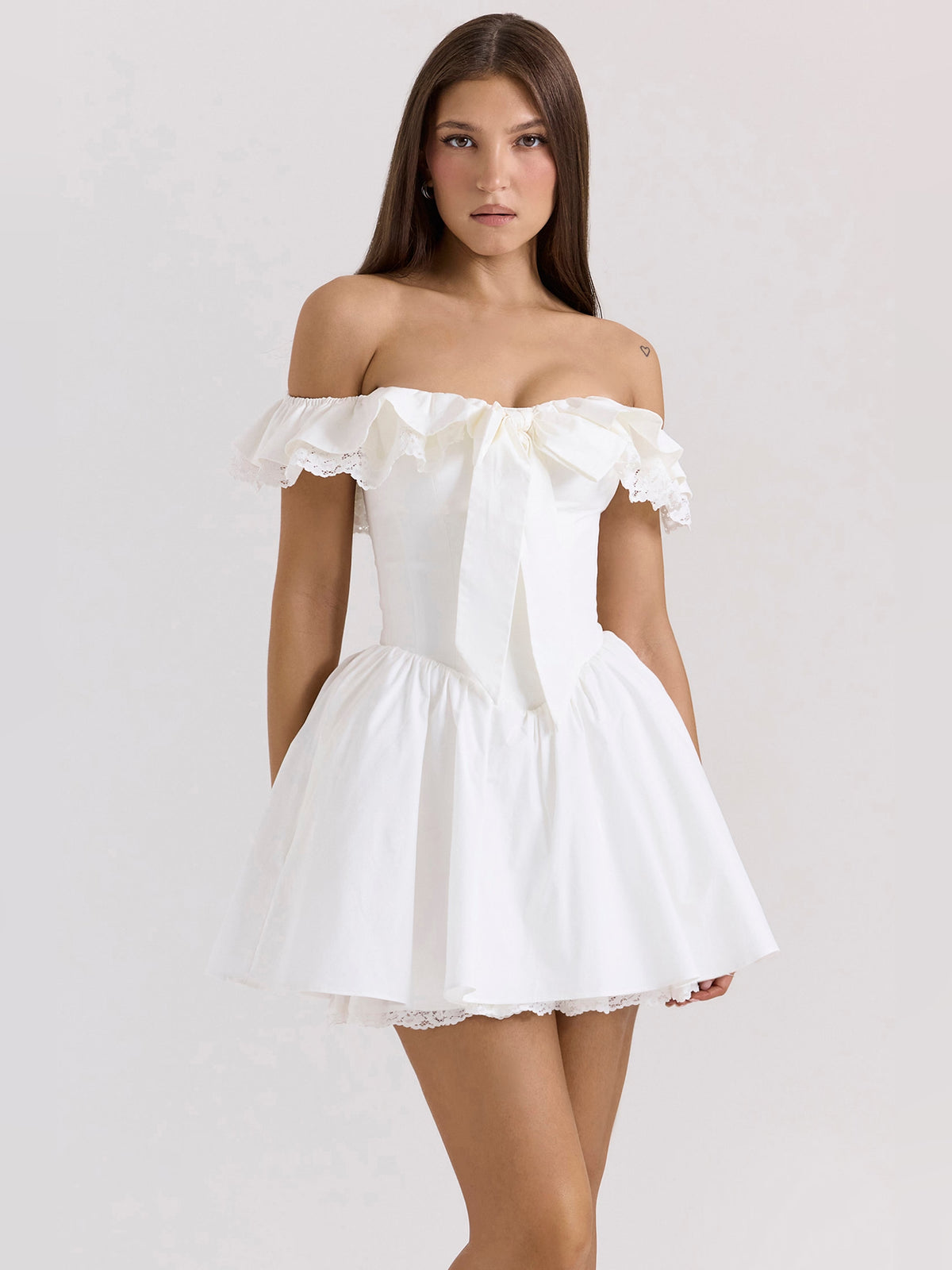 White mini homecoming dress, front view showing the silhouette