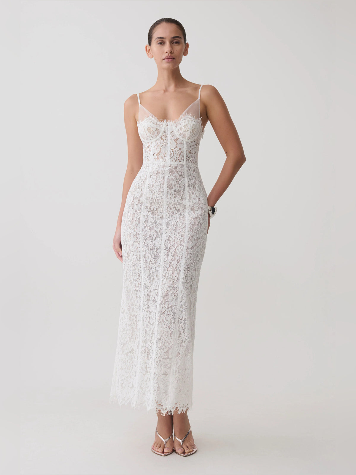 White midi formal dress, full-length front view