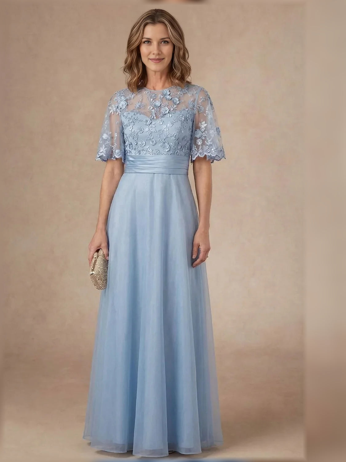 Light Blue short mother of the bride dress, front view showing the a-line silhouette