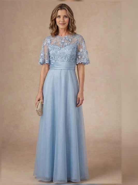 Light Blue short mother of the bride dress, front view showing the a-line silhouette
