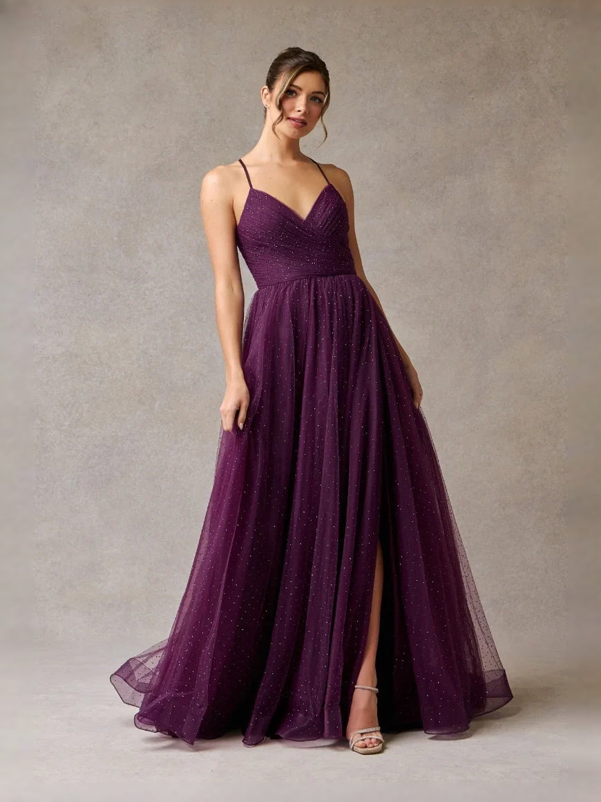 Grape floor-length prom dress, front view showing the a-line silhouette